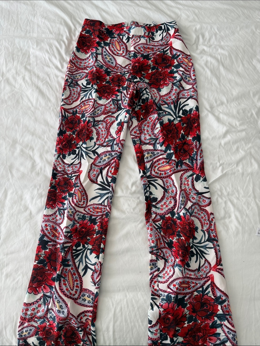 Badgley Mischka Red & White Floral Paisley Wide-Leg Trousers